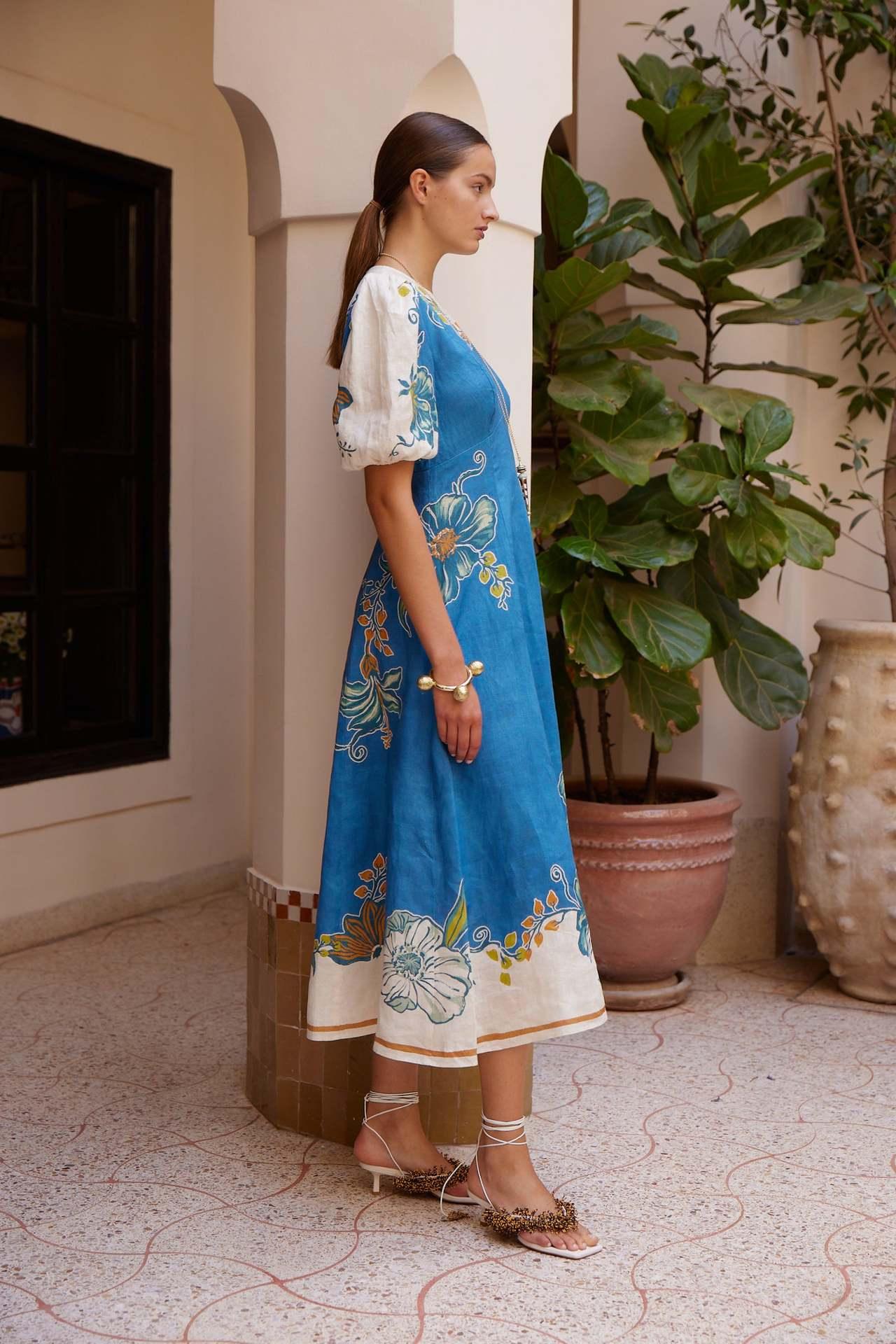 Floral linen maxi dress with lantern sleeves