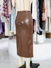 Brown Faux Leather Midi Skirt With Slit High Waist