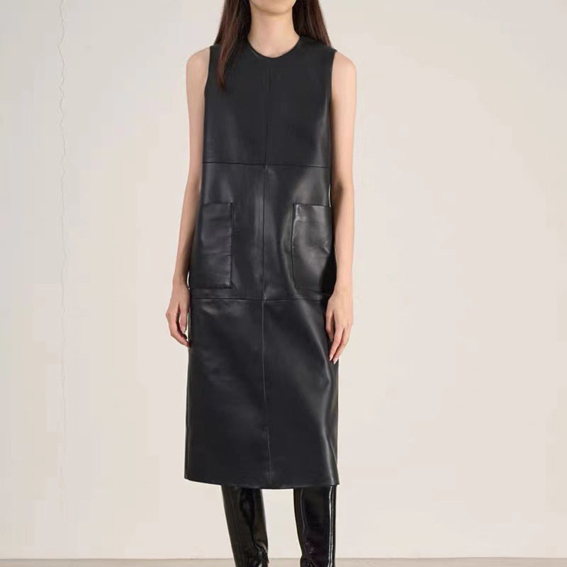Women Black Genuine Leather Sleeveless Long Dress
