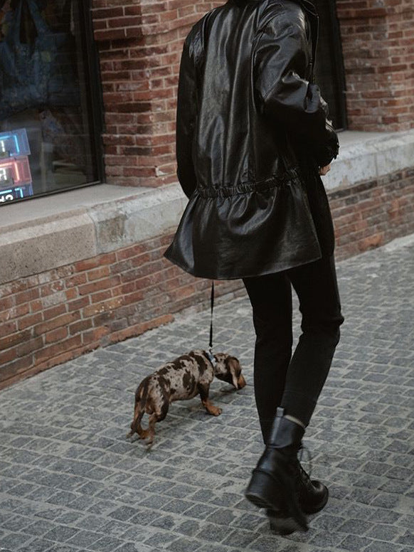 Women’s Leather Moto Trench Coat with Waist Cinch and Buckle Collar