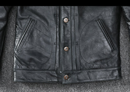 Black Leather Jacket Men Slim Fit Biker Oil Wax Vintage Style