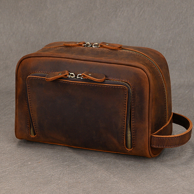 Men’s Genuine Leather Toiletry Bag with Front Zipper Pocket