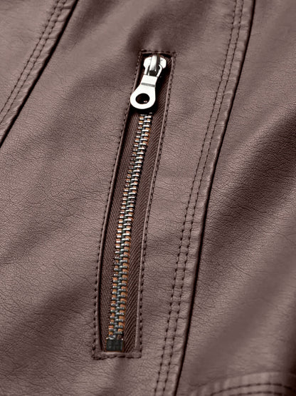 Brown Jacket for Women Slim Fit Faux Leather Motorcycle Biker