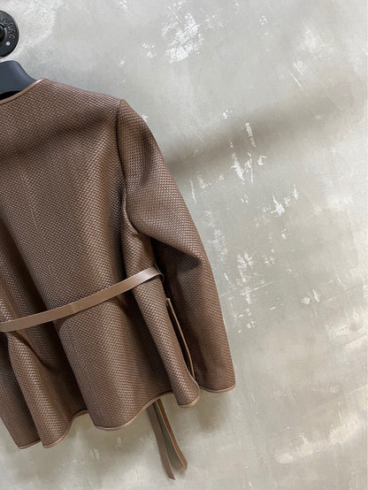 Women Hand Woven Leather Jacket with Open Front Belt