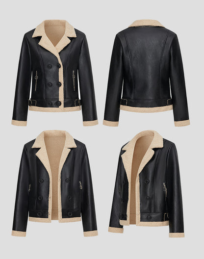 Black Faux Leather Jacket with Beige Shearling for Women
