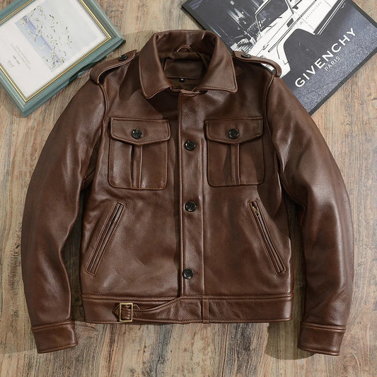 Men Brown Military Cowhide Leather Jacket