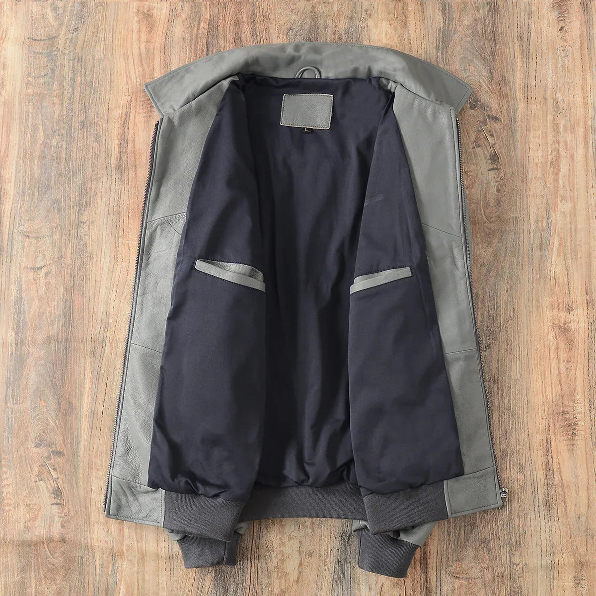 Men Grey Genuine Leather Bomber Jacket