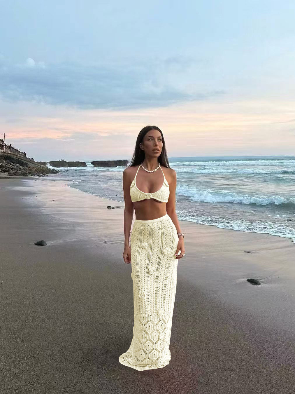 Pink Crochet Bikini & Floral Knit Beach Outfit