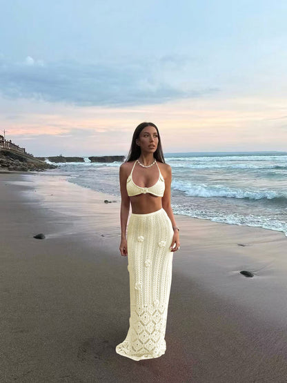 Pink Crochet Bikini & Floral Knit Beach Outfit