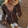 brown lace irregular hem button top cardigan