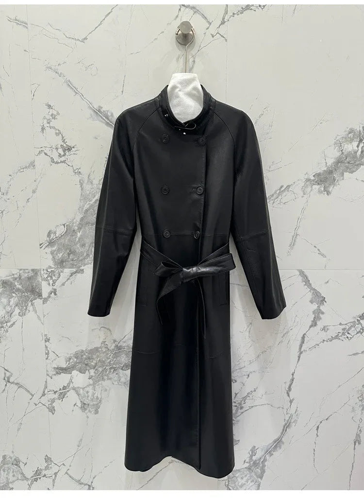 Women sheepskin leather trench coat long belt - Boho Living Room