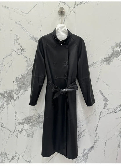 Women sheepskin leather trench coat long belt - Boho Living Room