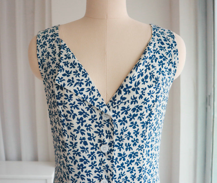 French Retro Blue Floral Button-Front A-Line Mini Dress