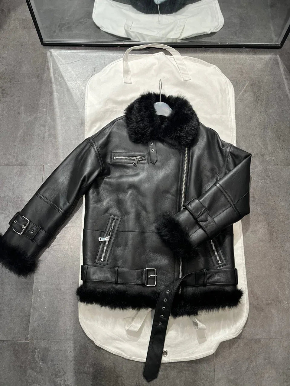 Women Leather Jacket with Real Fur Lining Moto Bomber Style