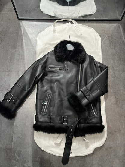 Women Leather Jacket with Real Fur Lining Moto Bomber Style