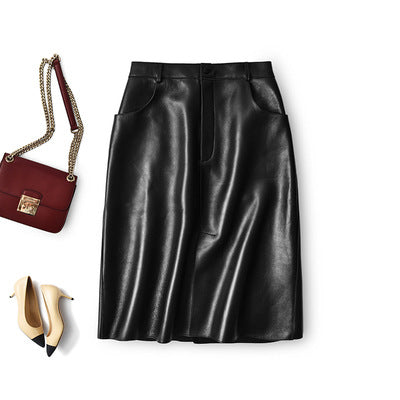 Women’s Sheepskin Midi Leather Skirt with Front Slit