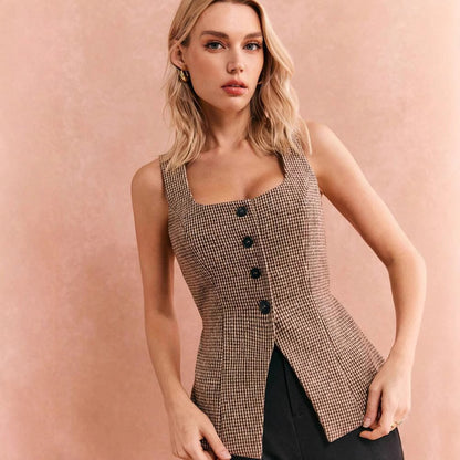 Plaid Khaki Sleeveless Tank Top Jacket