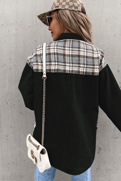 Black Plaid Patchwork Oversized Denim Shirt Jacket for Women