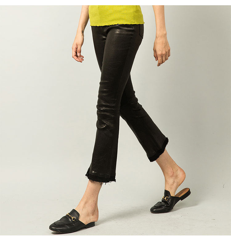 Women’s Leather Capri Pants Cropped Flared with Tassel Hem
