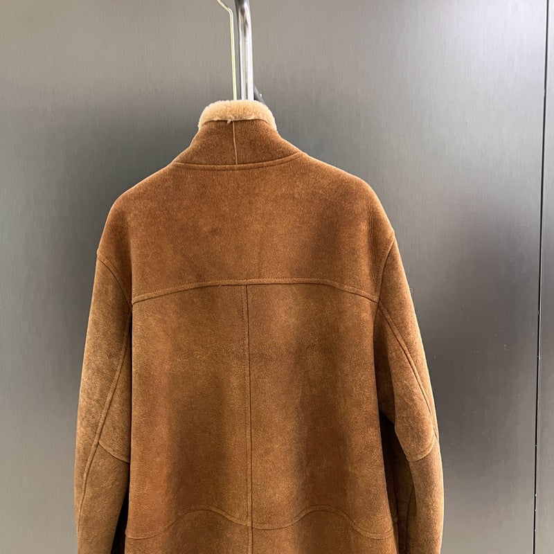 Women Suede Merino Shearling Fur Coat Motorcycle Jacket