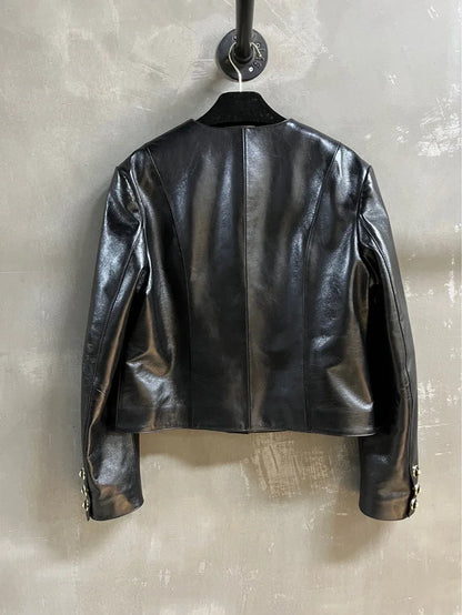 Black Leather Bomber V Neck Jacket Women