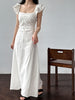 White flutter sleeve linen maxi dress with open back waist fit 2