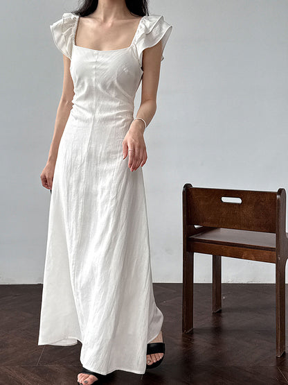 White flutter sleeve linen maxi dress with open back waist fit 2