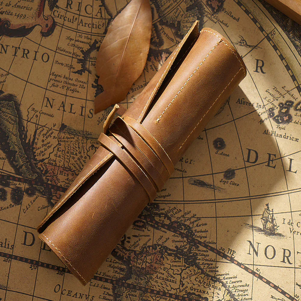 Retro cowhide roll up leather pencil case 1