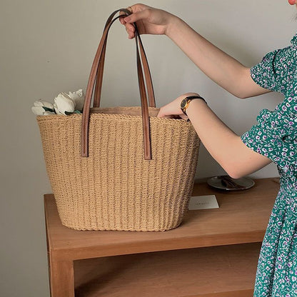 Straw Summer Beach Bag Tote with Leather Handles
