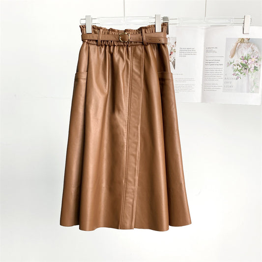 High Waist Black Leather Midi Skirt with Belt Pleated Design