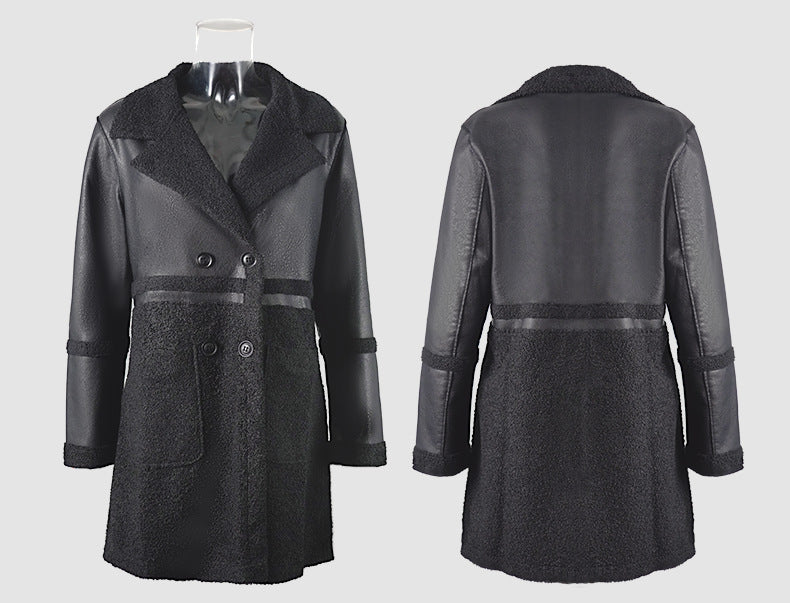 Women's Mid-Length Faux Leather Jacket with Shearling Trim