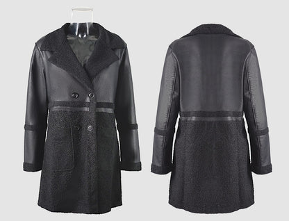 Women's Mid-Length Faux Leather Jacket with Shearling Trim