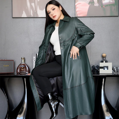 Women Long Leather Coat Plus Size Trench with Button Front