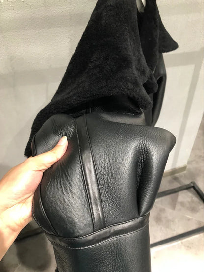 Women’s Black Leather Bomber Jacket with Fur Collar