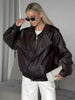 Oversized Brown PU Leather Biker Jacket Double Collar Motorcycle