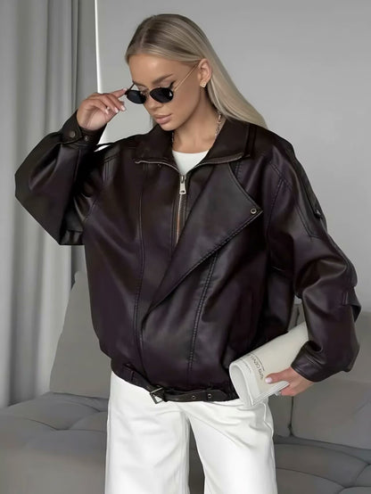 Oversized Brown PU Leather Biker Jacket Double Collar Motorcycle