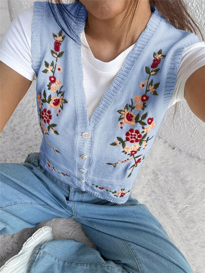 Embroidered Knitted Sweater Women’s Vest Floral Button Front Crop