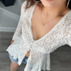 brown lace irregular hem button top cardigan