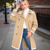 Beige Double-Breasted Trench Coat with White Wave Trim for Women