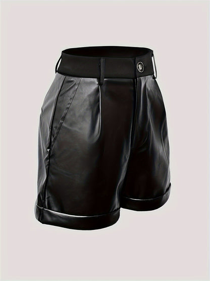 Black Faux Leather High Waisted Shorts for Women with Folded Hem