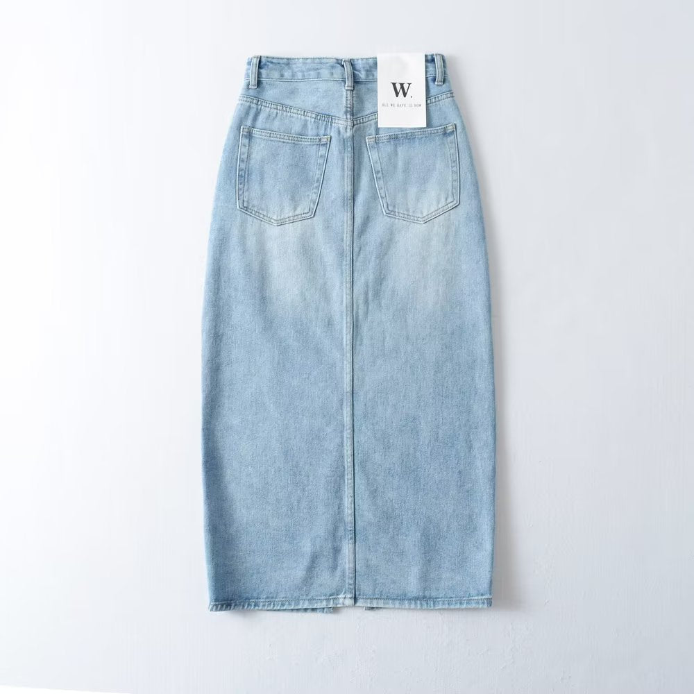 long denim skirt outfit