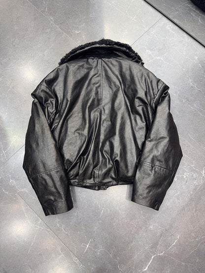 Genuine leather women bomber jacket with fur collar