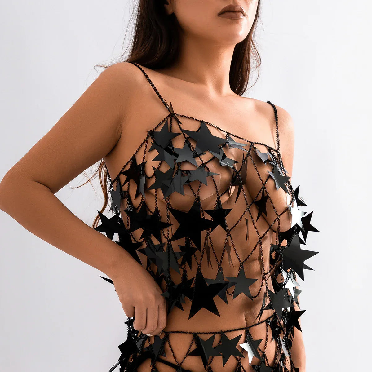 Pink Star Sequin Chain Mesh Festival Outfit Set