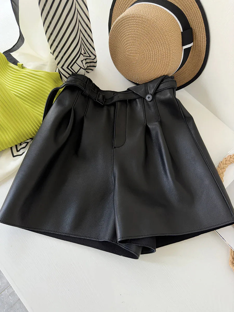 Genuine sheepskin women leather shorts with belt