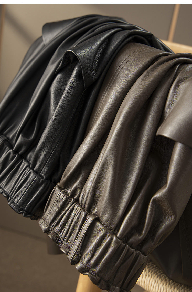 Sheepskin a-line leather midi skirt belt