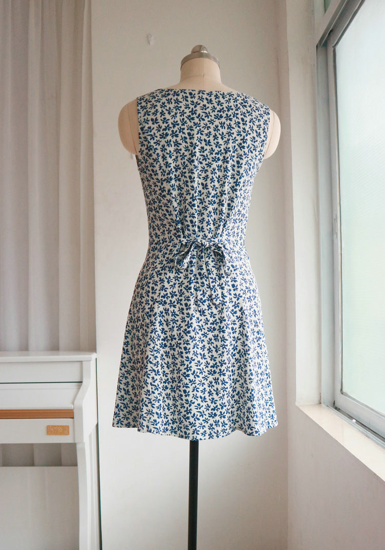 French Retro Blue Floral Button-Front A-Line Mini Dress
