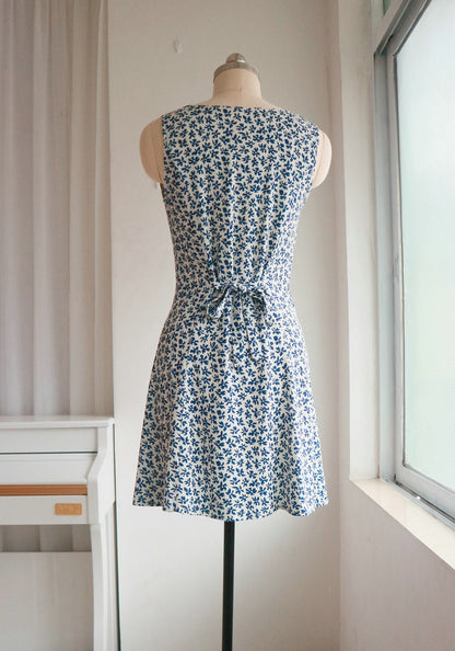 French Retro Blue Floral Button-Front A-Line Mini Dress