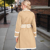 Beige Double-Breasted Trench Coat with White Wave Trim for Women