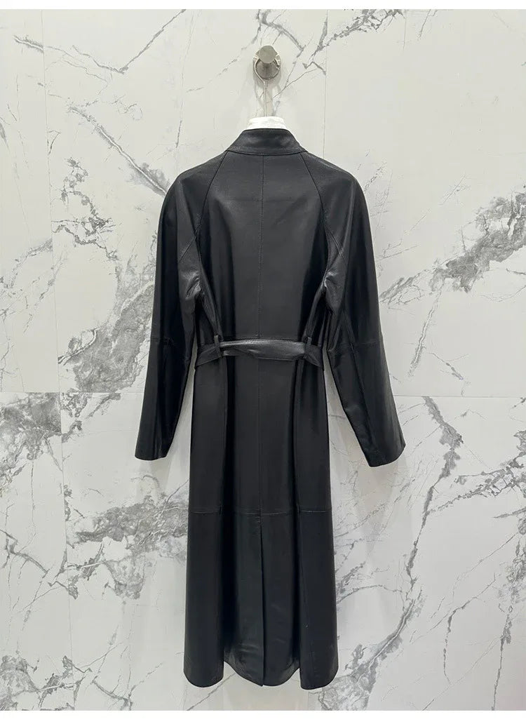 Women sheepskin leather trench coat long belt - Boho Living Room