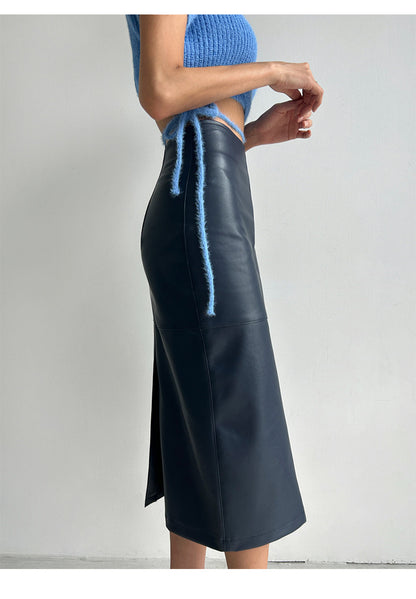 High waist pu leather midi skirt for women